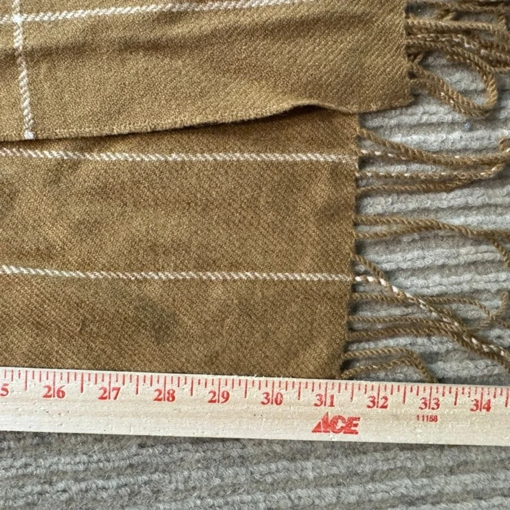 Chelsey II Wool Scarf Camel Brown White Windowpane Plaid Fringe Made in Germany